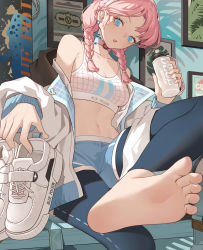 Rule 34 | 1girl, absurdres, arknights, bare shoulders, barefoot, blue eyes, blue poison (arknights), blue poison (shoal beat) (arknights), blue shorts, bottle, braid, breasts, chinese commentary, choker, cleavage, commentary request, crop top, earrings, foot focus, foot out of frame, foreshortening, hand up, highres, holding, holding bottle, holding shoes, jacket, jewelry, leggings, leggings under shorts, long hair, long sleeves, looking at viewer, midriff, navel, off shoulder, open clothes, open jacket, parted lips, pink choker, pink hair, shoes, short shorts, shorts, sitting, small breasts, sneakers, solo, spaghetti strap, sports bra, stomach, twin braids, white footwear, white jacket, xssh