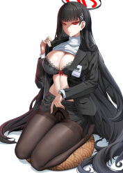 Rule 34 | 1girl, absurdres, black bra, black hair, black pantyhose, blue archive, blunt bangs, bra, breasts, cleavage, clothes lift, cushion, hair ornament, halo, hasaya, highres, holding, holding clothes, holding skirt, id card, large breasts, lifted by self, long hair, long sleeves, looking at viewer, navel, open clothes, panties, panties under pantyhose, pantyhose, parted lips, red eyes, rio (blue archive), seiza, sidelocks, sitting, skirt, skirt lift, solo, stomach, sweater, turtleneck, turtleneck sweater, underwear, white background