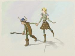 Rule 34 | 1boy, 1girl, armor, armored dress, astrid hofferson, bandages, blue eyes, braid, brown hair, freckles, hair over one eye, holding hands, headband, height difference, helmet, hetero, hiccup horrendous haddock iii, horns, how to train your dragon, ico, james chung, leggings, long hair, pantyhose, parody, pauldrons, pteruges, shoulder armor, single braid, skirt, stick, viking