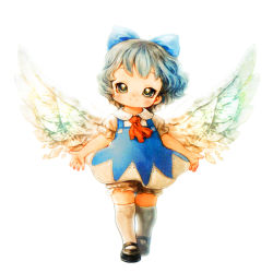 Rule 34 | 1girl, alternate wings, angel wings, ascot, bloomers, blue dress, blue hair, bow, child, cirno, commentary, dress, grey eyes, hair bow, ice, ice wings, mary janes, puffy short sleeves, puffy sleeves, shirt, shoes, short sleeves, silver hair, smile, solo, souri, touhou, underwear, walking, wings