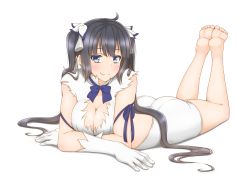 Rule 34 | 10s, 1girl, barefoot, black hair, blue eyes, blush, breasts, cleavage, dungeon ni deai wo motomeru no wa machigatteiru darou ka, feet, feet together, full body, gloves, hair ribbon, hestia (danmachi), highres, kyounami, legs up, long hair, looking at viewer, lying, on stomach, rei no himo, ribbon, simple background, smile, soles, solo, the pose, toes, twintails, white background, white gloves