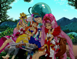 Rule 34 | akagi towa, amanogawa kirara, blonde hair, blue hair, blueparo2000, closed mouth, commentary request, cure flora, cure mermaid, cure scarlet, cure twinkle, closed eyes, glass table, go! princess precure, haruno haruka, highres, kaidou minami, leaning on person, mountain, open mouth, orange hair, outdoors, pink hair, precure, red eyes, shade, sleeping, sleeping on person, sleeping upright, table, wand
