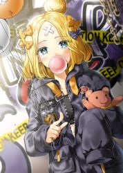 Rule 34 | 1girl, abigail williams (fate), abigail williams (traveling outfit) (fate), bad id, bad pixiv id, balloon, black bow, black jacket, blonde hair, blue eyes, blush, bow, blowing bubbles, caution tape, chain, chewing gum, commentary request, crossed bandaids, dutch angle, fate/grand order, fate (series), fingernails, graffiti, h shai, hair bow, hair bun, holding, holding balloon, jacket, keep out, key, long hair, long sleeves, looking at viewer, hugging object, official alternate costume, orange bow, parted bangs, partially unzipped, pointing, pointing at viewer, polka dot, polka dot bow, single hair bun, sleeves past fingers, sleeves past wrists, solo, star (symbol), stuffed animal, stuffed toy, teddy bear, tentacles, zipper