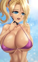 Rule 34 | alternate breast size, bikini, blizzard (company), blonde hair, blue clouds, blue eyes, bra, breasts, brown lips, day, female focus, flowerxl, highres, jewelry, large breasts, looking at viewer, mercy (overwatch), necklace, overwatch, overwatch 1, ponytail, purple bra, seductive smile, smile, solo, swimsuit, underwear, wide hips