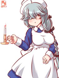 Rule 34 | 1girl, ahoge, alternate costume, apron, artist logo, black ribbon, blue dress, braid, breasts, candle, candlestand, commentary request, cosplay, cowboy shot, dated, dress, facing viewer, grey hair, hair over eyes, hair ribbon, hamanami (kancolle), hat, kanon (kurogane knights), kantai collection, little nurse, little nurse (cosplay), long hair, medium breasts, mentholatum, nurse, nurse cap, one-hour drawing challenge, ribbon, simple background, single braid, solo, white apron, white background