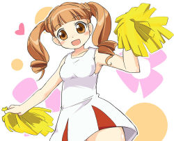 Rule 34 | 00s, 1girl, armpits, bare shoulders, blunt bangs, brown eyes, brown hair, cheering, cheerleader, cowboy shot, dress, heart, ixy, looking at viewer, onegai my melody, pom pom (cheerleading), sanrio, simple background, sleeveless, sleeveless dress, solo, twintails, white background, white dress, yumeno uta