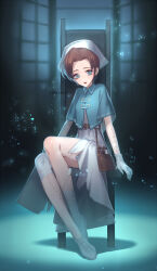 Rule 34 | 1girl, arm support, bandage on knee, belt, belt buckle, belt pouch, blue capelet, blue eyes, brown belt, brown hair, buckle, capelet, chair, collared capelet, dress, emily dyer, full body, gloves, hair bun, hat, identity v, indoors, kickylian, legs together, light particles, looking at viewer, mole, mole under eye, nurse cap, parted bangs, parted lips, pouch, red lips, scissors, shoes, single hair bun, sitting, solo, stitched arm, stitched leg, stitches, stuffing, surgical scissors, white dress, white footwear, white gloves, white hat, window