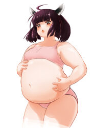 Rule 34 | 1girl, ahoge, alternate body size, blunt bangs, blush, breasts, brown hair, commentary request, cowboy shot, cropped legs, dot nose, fat, medium hair, navel, open mouth, panties, pink panties, simple background, small breasts, solo, thick arms, thick thighs, thighs, touhoku kiritan, underwear, underwear only, voiceroid, white background, wo!uka