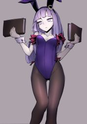 Rule 34 | 1girl, animal ears, black pantyhose, book, bow, crescent, fake animal ears, grey background, hair bow, leotard, looking away, pale skin, pantyhose, patchouli knowledge, playboy bunny, purple eyes, purple hair, rabbit ears, simple background, thigh gap, thupoppo, touhou, wrist cuffs