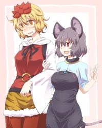 Rule 34 | 2girls, alternate breast size, animal ears, animal print, blonde hair, blush, brown hair, capelet, couple, dra (area-s), dress, grey dress, grey hair, hair ornament, heart, jewelry, long sleeves, looking at another, mouse ears, mouse tail, multicolored hair, multiple girls, nazrin, necklace, open mouth, red dress, red eyes, short hair, simple background, smile, sweatdrop, tail, tiger print, toramaru shou, touhou, two-tone hair, wide sleeves, yellow eyes, yuri