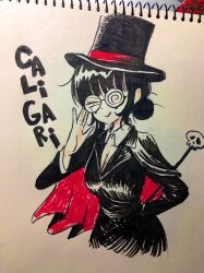 Rule 34 | 1girl, adjusting eyewear, black coat, black hair, black hat, breasts, cape, cleavage, closed mouth, coat, coke-bottle glasses, commentary request, cropped torso, detached collar, glasses, hair bun, hand on own hip, hat, highres, lapels, large breasts, limited palette, long sleeves, looking at viewer, medium breasts, notched lapels, opaque glasses, original, partially opaque glasses, photo (medium), red cape, round eyewear, shi (yotsuhaka), short sleeves, single hair bun, skull, smile, solo, tongue, tongue out, top hat, traditional media, upper body, wand, white eyes