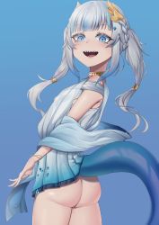 Rule 34 | 1girl, ass, blue background, blue dress, blush, cojohn, dress, fins, fish tail, gawr gura, gawr gura (party dress), gradient dress, highres, hololive, hololive english, looking at viewer, off shoulder, self-upload, shark tail, sharp teeth, solo, tail, teeth, twintails, virtual youtuber