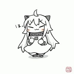 Rule 34 | 10s, 1girl, :3, abyssal ship, ahoge, animated, animated gif, chibi, colored skin, dress, horns, kantai collection, long hair, looking at viewer, lowres, mittens, northern ocean princess, solid circle eyes, solo, white dress, white hair, white skin, yuasan