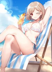 Rule 34 | 1girl, arm behind back, arm up, armpits, bare legs, beach, beach chair, bikini, blue sky, blush, breasts, brown hair, cloud, commentary request, commission, crossed legs, cup, cynthia (majo no tabitabi), day, drink, holding, holding cup, kakerayuri, large breasts, lens flare, looking at viewer, majo no tabitabi, navel, o-ring, o-ring bikini, one eye closed, outdoors, red eyes, shiny skin, short hair, side-tie bikini bottom, sitting, sky, smile, solo, swimsuit, thighs, white bikini