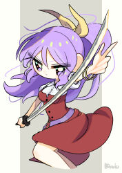 Rule 34 | 1girl, :/, absurdres, belt, breasts, chibi, commentary request, cropped legs, dotaku (wran8845), dress, eyes visible through hair, grey background, hair between eyes, hair ribbon, high ponytail, highres, holding, holding sword, holding weapon, katana, long hair, looking at viewer, medium breasts, outstretched arm, purple eyes, purple hair, red dress, ribbon, serious, simple background, solo, sword, touhou, v-shaped eyebrows, very long hair, watatsuki no yorihime, weapon, yellow ribbon