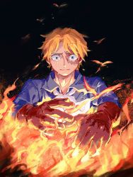 Rule 34 | 1boy, ascot, blonde hair, blue shirt, crying, crying with eyes open, demorzel, fire, gloves, hands up, highres, male focus, one piece, parted bangs, sabo (one piece), scar, scar on face, shirt, solo, tears
