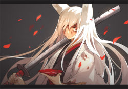 Rule 34 | animal ears, blood, blood on face, cup, dent, grey background, hair over one eye, holding, holding sword, holding weapon, japanese clothes, jong tu, kimono, letterboxed, petals, pixiv fantasia, pixiv fantasia fallen kings, red eyes, sakazuki, simple background, solo, sword, upper body, weapon, white hair