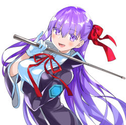Rule 34 | 1girl, bb (fate), bb (fate/extra), black coat, breasts, coat, fate/extra, fate/extra ccc, fate/grand order, fate (series), gloves, hair ribbon, holding, holding wand, large breasts, long hair, looking at viewer, neck ribbon, popped collar, purple eyes, purple hair, red ribbon, ribbon, riding crop, robina, very long hair, wand, white gloves
