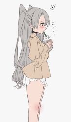 Rule 34 | 1girl, alternate costume, amatsukaze (kancolle), black choker, blush, chigasaki yukari, choker, cup, drinking straw, drinking straw in mouth, grey background, grey hair, hair between eyes, heart, highres, holding, holding cup, jacket, kantai collection, long hair, long sleeves, miniskirt, simple background, sketch, skirt, sleeves past wrists, solo, spoken heart, two side up, very long hair, white skirt, yellow eyes