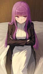 Rule 34 | 1girl, :t, absurdres, angry, arms under breasts, averting eyes, black robe, blunt bangs, breasts, closed mouth, crossed arms, dress, fern (sousou no frieren), highres, large breasts, light particles, long hair, nundi, pout, purple eyes, purple hair, robe, sitting, solo, sousou no frieren, straight hair, v-shaped eyebrows, very long hair, white dress