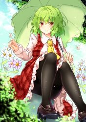 Rule 34 | 1girl, aka tawashi, ascot, black footwear, black pantyhose, blue sky, blush, breasts, bug, butterfly, cloud, commentary request, day, feet out of frame, flower, green hair, green umbrella, hair between eyes, high heels, highres, holding, holding umbrella, insect, kazami yuuka, knees up, leaf, loafers, long sleeves, looking at viewer, medium breasts, outdoors, pantyhose, petticoat, pink flower, plaid, plaid skirt, plaid vest, red eyes, red skirt, red vest, shirt, shoe soles, shoes, short hair, sitting, skirt, skirt set, sky, smile, solo, thighs, touhou, umbrella, vest, white flower, white shirt, yellow ascot