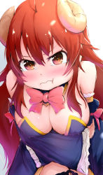 Rule 34 | 1girl, ahoge, bare shoulders, blush, bow, bowtie, breasts, brown eyes, brown hair, cleavage, closed mouth, demon girl, demon horns, frilled sleeves, frills, horns, large breasts, long hair, looking at viewer, machikado mazoku, no bra, pandemic14, pink bow, pink bowtie, pink ribbon, pout, ribbon, shiny skin, simple background, solo, tears, white background, yoshida yuuko (machikado mazoku)