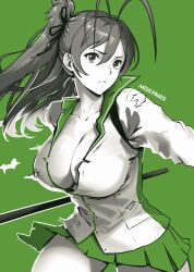 Rule 34 | 1girl, antenna hair, artist name, black ribbon, breasts, brown eyes, brown hair, cleavage, closed mouth, collarbone, collared shirt, commentary, english commentary, green background, green skirt, green theme, hair between eyes, hair ribbon, highres, highschool of the dead, holding, holding polearm, holding weapon, large breasts, long hair, looking at viewer, miniskirt, miss faves, miyamoto rei, pleated skirt, polearm, ponytail, ribbon, shirt, skirt, solo, torn clothes, torn shirt, weapon, white shirt