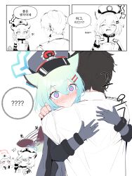 Rule 34 | 1boy, 2girls, ?, ??, @ @, absurdres, animal ears, blue archive, blue hair, blush, closed eyes, closed mouth, comic, drinking, gloves, hair between eyes, hair ornament, hairclip, halo, hat, highres, hug, index finger raised, korean text, multiple girls, nodoka (blue archive), open mouth, partially colored, peaked cap, plentyofempty, sensei (blue archive), shigure (blue archive), shirt, smile, speech bubble, spoken question mark, translation request, weasel ears, white shirt
