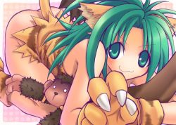 Rule 34 | 1girl, :3, animal ears, animal hands, animal print, ass, blush, cat ears, cat girl, cat tail, cham cham, closed mouth, commentary request, foot out of frame, gloves, green eyes, green hair, long hair, looking at viewer, no panties, parted bangs, paw gloves, paw shoes, sakakura (sariri), samurai spirits, shoes, smile, solo, tail, tiger print