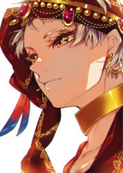 Rule 34 | 1boy, bad id, bad pixiv id, beads, blurry, close-up, closed mouth, collarbone, commentary request, dark-skinned male, dark skin, depth of field, earrings, eyelashes, feathers, gem, headdress, highres, jewelry, kalim al-asim, komura, looking away, male focus, necklace, orange eyes, portrait, red eyes, simple background, smile, solo, twisted wonderland, white background, white hair