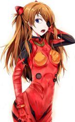 Rule 34 | 10s, 1girl, :o, arm behind head, bad id, bad pixiv id, blue eyes, bodysuit, bracer, breasts, brown hair, cowboy shot, evangelion: 3.0 you can (not) redo, eyepatch, from side, gloves, hair over shoulder, hand in own hair, hand on own thigh, hand up, headgear, kalian, long hair, looking at viewer, neon genesis evangelion, open mouth, pilot suit, plugsuit, rebuild of evangelion, simple background, small breasts, souryuu asuka langley, standing, tape, turtleneck, two side up, white background