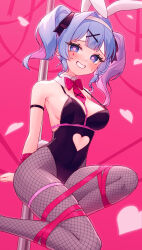 Rule 34 | 1girl, absurdres, akagi meito, animal ears, arms behind back, bare shoulders, black leotard, black ribbon, blue eyes, blue hair, blush, bow, bowtie, breasts, cleavage, clothing cutout, cutout above navel, detached collar, doughnut, fake animal ears, fake tail, fishnet pantyhose, fishnets, food, forced smile, hair intakes, hair ornament, hair ribbon, hatsune miku, heart, heart-shaped pupils, heart cutout, heart hair ornament, highleg, highleg leotard, highres, large breasts, leotard, looking at viewer, medium hair, necktie, pantyhose, pink background, pink bow, pink bowtie, pink necktie, pink ribbon, playboy bunny, pole, rabbit ears, rabbit hole (vocaloid), rabbit tail, restrained, ribbon, solo, spaghetti strap, stripper pole, symbol-shaped pupils, tail, teardrop facial mark, twintails, vocaloid, white hair, x hair ornament
