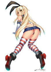Rule 34 | 10s, 1girl, 2014, ass, blonde hair, brown eyes, crop top, crop top overhang, dangan neko, dated, elbow gloves, gloves, headband, kantai collection, kneeling, long hair, looking at viewer, looking back, microskirt, parted lips, shimakaze (kancolle), shiny skin, simple background, skindentation, skirt, solo, striped clothes, striped thighhighs, thighhighs, thong