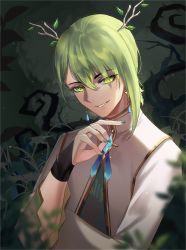 Rule 34 | 1boy, antlers, branch, bridal gauntlets, brooch, ceres faun, ceres fauna, commentary, earrings, english commentary, genderswap, genderswap (ftm), gold trim, green eyes, green hair, green nails, hair between eyes, hanh chu, highres, hololive, hololive english, horns, jewelry, leaf, looking at viewer, male focus, nail polish, plant, shirt, short hair, smile, solo, upper body, vines, virtual youtuber, white shirt