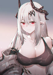 Rule 34 | 1girl, 3:, arknights, bare shoulders, blush, breasts, cleavage, closed mouth, commentary, crop top, earrings, female focus, gradient background, hair between eyes, hair ornament, horns, jewelry, large breasts, material growth, midriff, mudrock (arknights), mudrock (elite ii) (arknights), off shoulder, oripathy lesion (arknights), pointy ears, red eyes, sidelocks, silver hair, simple background, solo, sports bra, stomach, strap slip, upper body, wet, xion32