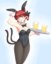 Rule 34 | 1girl, animal ears, beer mug, black pantyhose, bow, braid, breasts, cat ears, cat tail, cleavage, cup, detached collar, extra ears, fake animal ears, gradient background, hair bow, isaki (gomi), kaenbyou rin, leotard, mug, multiple tails, open mouth, pantyhose, playboy bunny, rabbit ears, red eyes, red hair, solo, tail, touhou, tray, twin braids, wrist cuffs