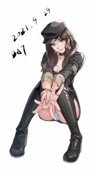Rule 34 | 1girl, absurdres, artist name, ass, black footwear, black hat, black jacket, blue panties, boots, breasts, brown hair, cabbie hat, cleavage, commentary request, da-cart, dated, dorothea arnault, fire emblem, fire emblem: three houses, garreg mach monastery uniform, green eyes, hat, highres, jacket, jewelry, juliet sleeves, long hair, long sleeves, looking at viewer, nintendo, panties, pantyshot, puffy sleeves, ring, signature, simple background, sitting, smile, solo, thigh boots, thighhighs, underwear, upskirt, white background, yellow eyes