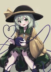 Rule 34 | 1girl, :d, blush, feet out of frame, frills, green eyes, grey background, hat, heart, heart of string, highres, komeiji koishi, light green hair, looking at viewer, open mouth, simple background, sitting, smile, solo, third eye, totoraisu, touhou, wide sleeves