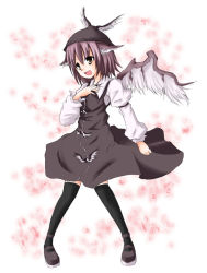 Rule 34 | 1girl, animal ears, black thighhighs, dress, female focus, hand on own chest, hat, mochizuki ado, mystia lorelei, over-kneehighs, ribbon, short hair, smile, solo, thighhighs, touhou, wings