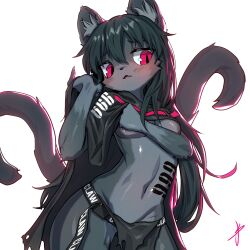 Rule 34 | 1girl, absurdres, animal ears, black hair, blaedic, blush, breasts, cat ears, cat tail, contrapposto, fang, female focus, furry, furry female, highres, long hair, multicolored hair, multiple tails, navel, no panties, open mouth, original, pelvic curtain, pink eyes, simple background, small breasts, solo, streaked hair, tail, white background