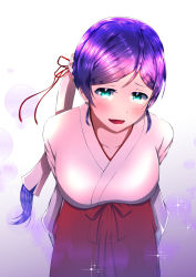 Rule 34 | 1girl, aqua eyes, arms behind back, artist name, artist request, blush, bow, breasts, cleavage, collarbone, female focus, green eyes, hair ornament, hair ribbon, hair scrunchie, hakama, half-closed eyes, highres, japanese clothes, kimono, large breasts, long hair, long sleeves, looking at viewer, love live!, love live! school idol festival, love live! school idol project, low ponytail, masa sevenred, masakazu yamato, masakazu yamato (masa sevenred), miko, parted lips, ponytail, purple hair, red bow, red hakama, red ribbon, ribbon, scrunchie, smile, solo, sparkle, tojo nozomi, white kimono, wide sleeves, yamato masakazu