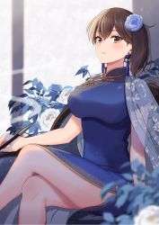 Rule 34 | 1girl, alternate costume, blue dress, blue flower, blue rose, blue shawl, breasts, brown eyes, brown hair, china dress, chinese clothes, cowboy shot, crossed legs, dress, flower, hair between eyes, hair flower, hair ornament, highres, holding, holding smoking pipe, kaga (kancolle), kantai collection, large breasts, looking at viewer, medium hair, natsume (natsume melio), rose, see-through shawl, shawl, side ponytail, side slit, smoking pipe, solo