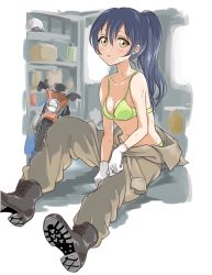Rule 34 | 10s, 1girl, alternate costume, alternate hairstyle, bare shoulders, bikini, bikini under clothes, blue hair, boots, breasts, garage, gloves, green bikini, hair between eyes, indoors, jumpsuit, long hair, looking at viewer, love live!, love live! school idol project, mechanic, medium breasts, motor vehicle, navel, no shirt, parted lips, ponytail, shoes, sitting, solo, sonoda umi, sweat, swimsuit, tetopetesone, vehicle, yellow eyes