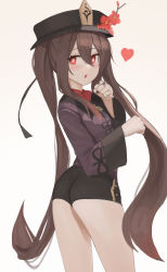 Rule 34 | 1girl, ass, black hat, black jacket, black shorts, blush, breasts, brown hair, dolri, flower, genshin impact, hat, hat flower, highres, hu tao (genshin impact), jacket, long hair, long sleeves, looking at viewer, looking back, o-ring, open mouth, plum blossoms, red eyes, shorts, small breasts, solo, symbol-shaped pupils, thighs, twintails, very long hair