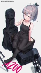 Rule 34 | 1girl, ahoge, anti-materiel rifle, barcode, belt, black bow, black dress, black footwear, black pantyhose, blush, bolt action, boots, bow, box, bracelet, cheytac m200, chromatic aberration, closed mouth, collarbone, crate, dress, english text, full body, girls&#039; frontline, guitar case, gun, hair bow, hair ornament, high heel boots, high heels, highres, instrument case, jewelry, kuro kosyou, m200 (girls&#039; frontline), m200 (war correspondent) (girls&#039; frontline), official alternate costume, pantyhose, purple eyes, rifle, sidelocks, silver hair, sitting, sniper rifle, solo, spaghetti strap, tripod, weapon