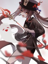 Rule 34 | 1girl, black nails, black shorts, brown hair, chinese clothes, coat, flower, flower-shaped pupils, genshin impact, ghost, hat, hat ornament, highres, hu tao (genshin impact), long hair, looking at viewer, nail polish, open mouth, plum blossoms, porkpie hat, red eyes, red shirt, shirt, shorts, staff of homa (genshin impact), suiso sui, symbol-shaped pupils, white background