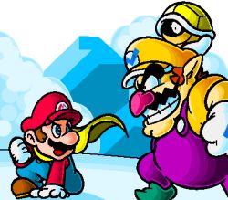 Rule 34 | 2boys, battle, blue eyes, brown hair, cape, clenched hand, fat, fat man, gloves, hat, lowres, mario, mario (series), multiple boys, nintendo, open mouth, plumber, shell, super mario bros. 1, super mario land 2, super mario world, wario, wario land, white gloves