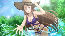Rule 34 | 1girl, :d, bikini, blush, breasts, brown hair, brown hat, cleavage, collarbone, day, floating hair, hat, highres, jewelry, large breasts, lens flare, long hair, looking at viewer, mysteryctu, navel, necklace, open mouth, outdoors, parted bangs, purple bikini, purple eyes, river, sideboob, smile, solo, sortiliena serlut, standing, straight hair, summer, sun hat, swimsuit, sword art online, very long hair, wading