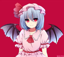 Rule 34 | 1girl, ascot, bad id, bad pixiv id, bat wings, blue hair, collarbone, dated, female focus, hat, hat ribbon, puffy sleeves, red background, red eyes, remilia scarlet, ribbon, short hair, short sleeves, smile, solo, touhou, wings, yagura miketa