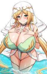 Rule 34 | 1girl, aqua eyes, blonde hair, blush, breasts, cleavage, closed mouth, collarbone, cross, dress, elf, green dress, hair between eyes, highres, huge breasts, long hair, looking at viewer, original, partially submerged, pointy ears, revealing clothes, ryakusun, sidelocks, smile, solo, standing, twintails, veil, very long hair, wading, white background